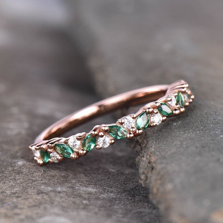 Rose Gold Emerald Ring, Vintage Emerald Ring, Gold Emerald Ring, Silver Eternity Ring, Emerald Wedding Band, Emerald Band, Emerald Ring Vintage, May Birthstone Rings, Emerald Ring Gold