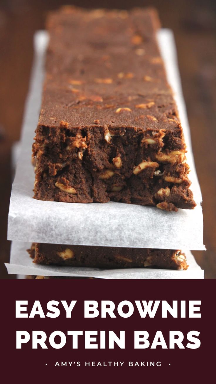 easy brownie protein bars with nuts on top and the title overlay reads easy brownie protein bars