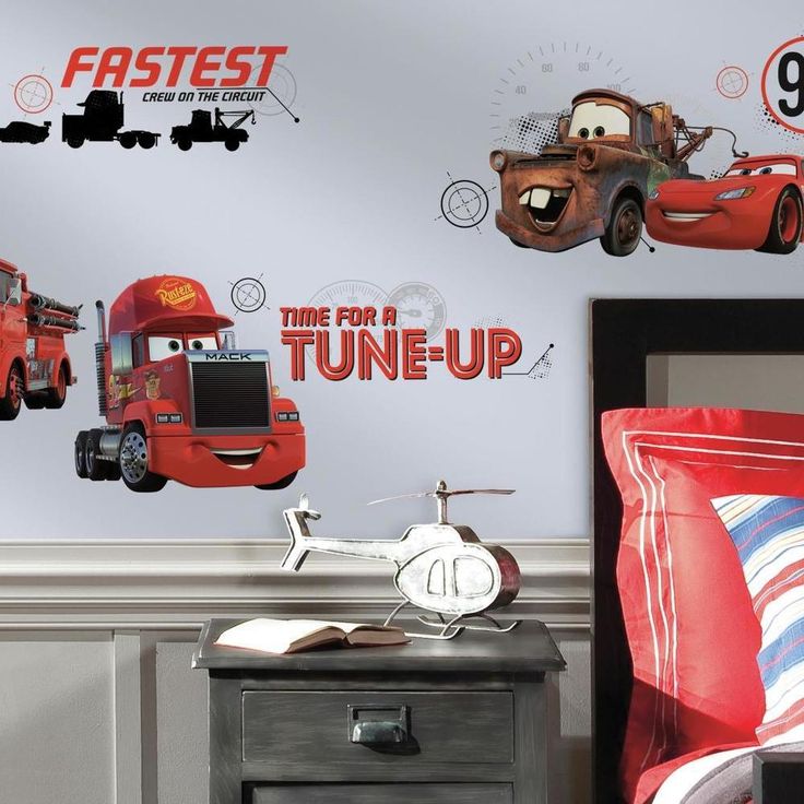 the cars wall decals are on display in this bedroom