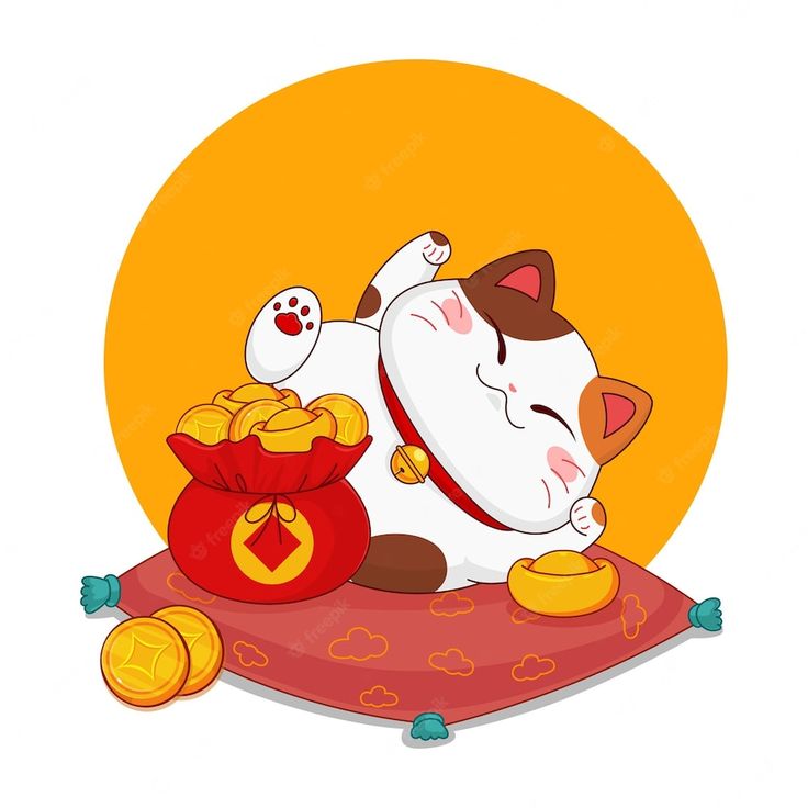 a cartoon cat sleeping on top of a rug next to some gold coins and a red bag