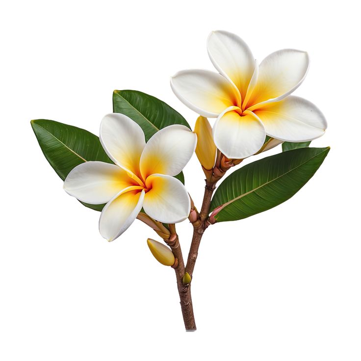 two white and yellow flowers on a branch with green leaves in front of a white background