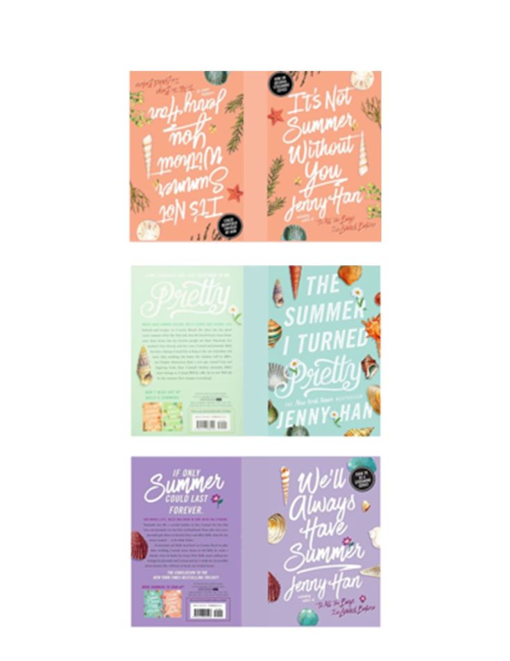 four different book covers with the words summer written in white and pink, green and blue