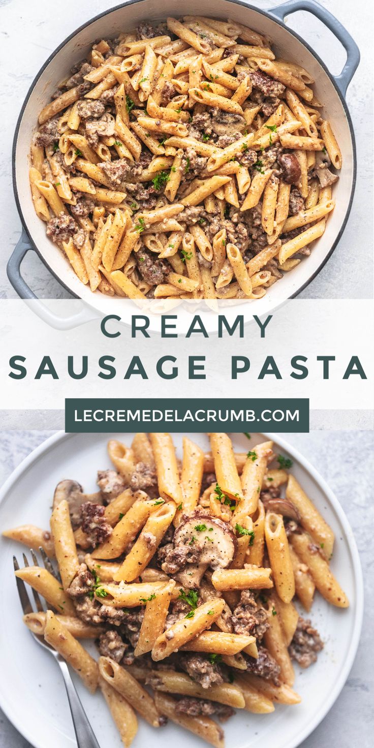 creamy sausage pasta in a skillet and on a plate