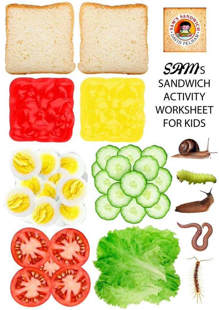 sandwiches and vegetables are shown with the words sandwich activity worksheet for kids on them