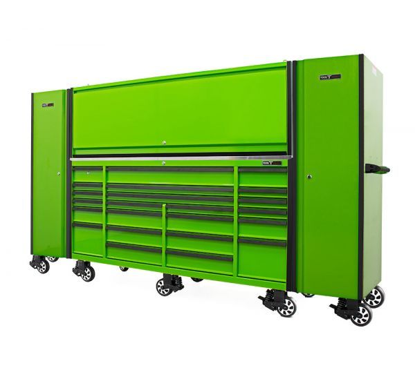 a green tool cabinet with wheels and drawers on the bottom shelf is shown against a white background