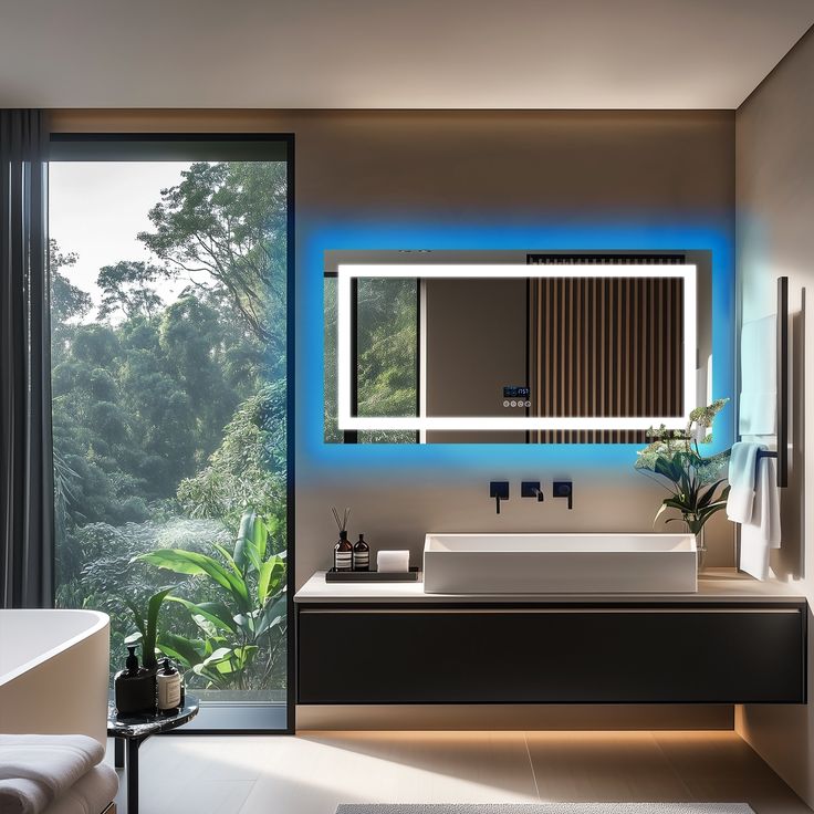 a bathroom with a sink, mirror and bathtub in front of a large window