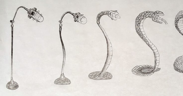 four different types of lamps are shown in this drawing, and each one has a snake on it's head