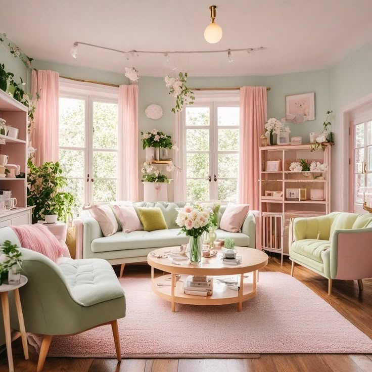 a living room filled with lots of furniture and pink curtains on the window sill