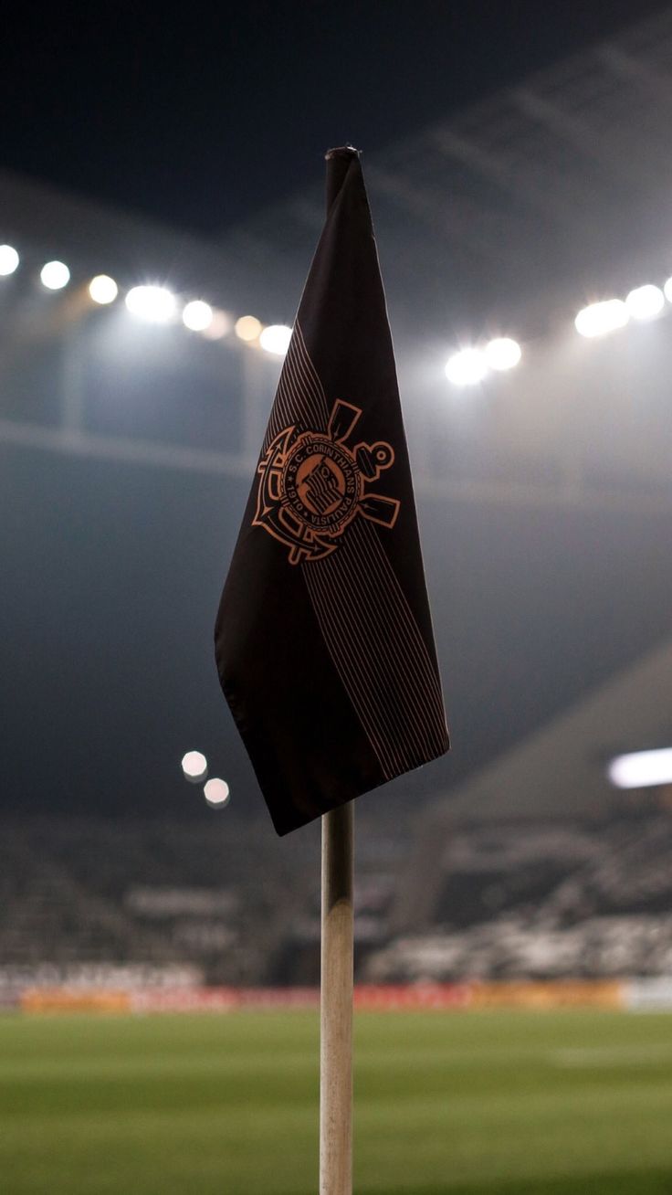 a black and gold flag on top of a wooden pole in front of a soccer field