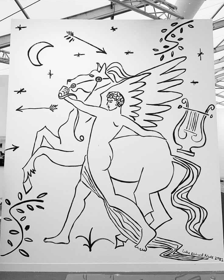 a black and white drawing of a man on a horse with stars in the background