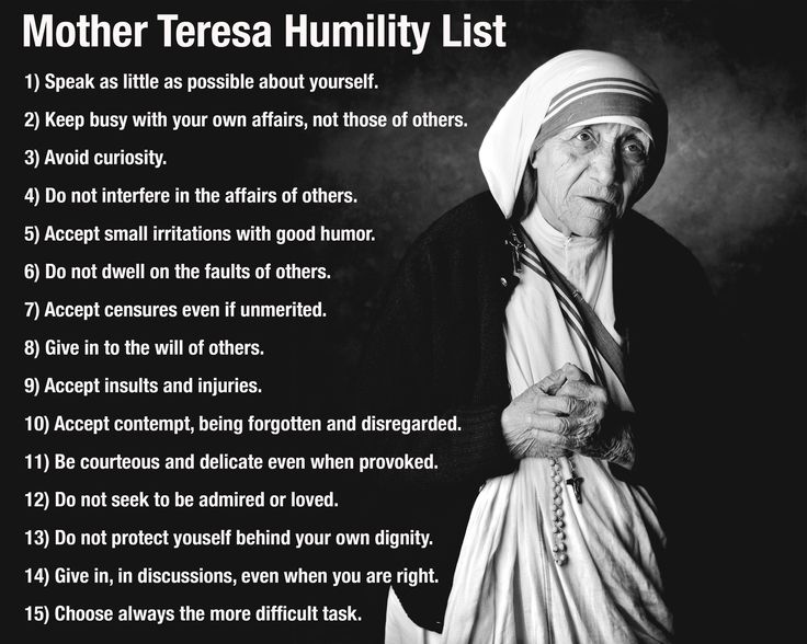 an old woman wearing a nun outfit with the words mother teresa humility list on it