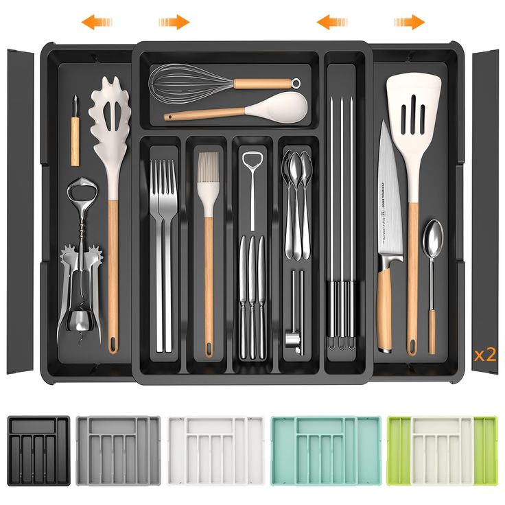 an assortment of kitchen utensils in a black box with dividers and spoons