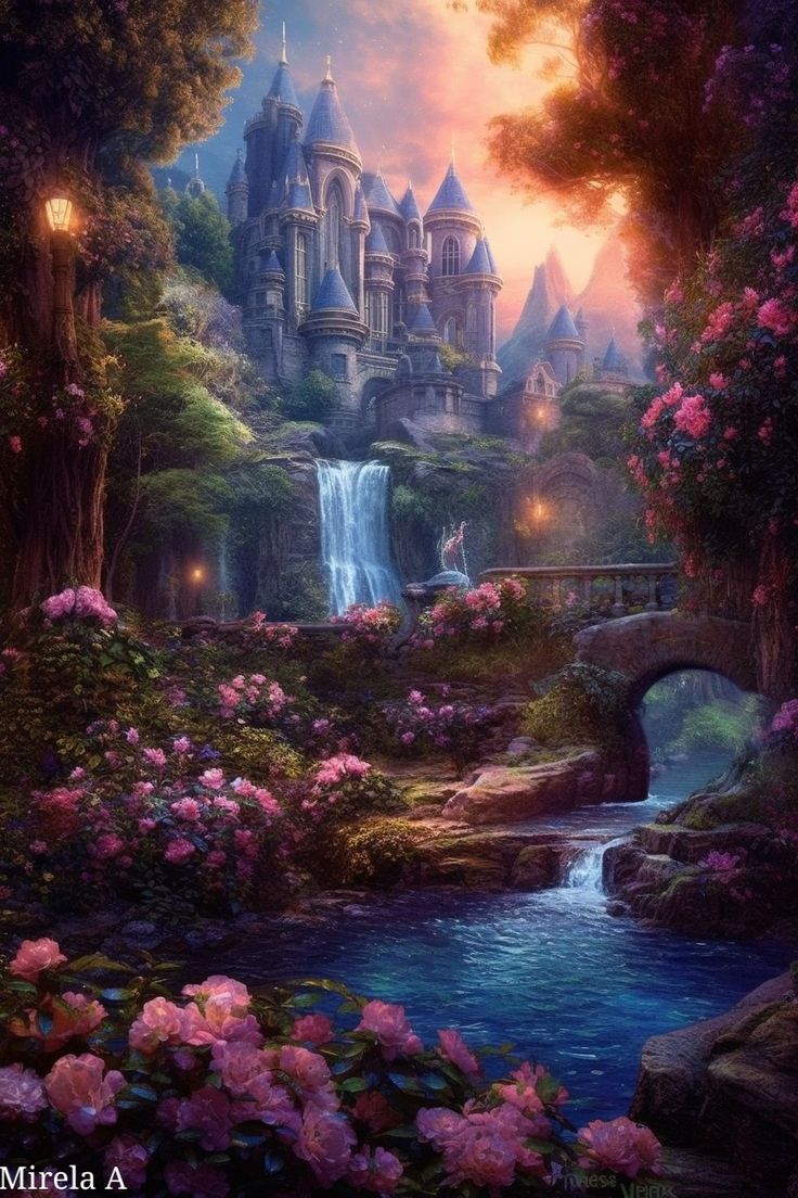 a painting of a castle in the middle of a forest with pink flowers and waterfall