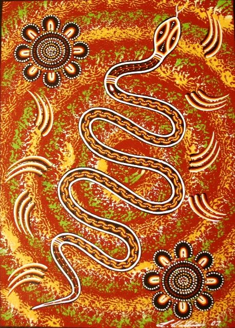 an orange and black painting with flowers on it's sides, in the center is a snake