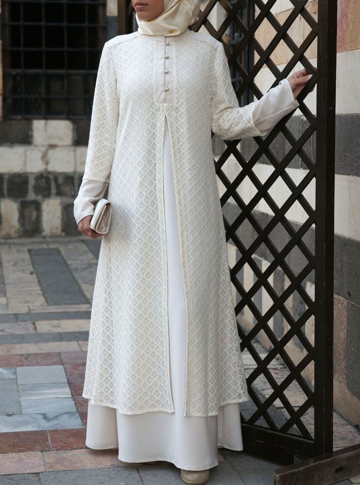 Lace Layered Abaya Gown | Shukr Clothing Elegant Spring Tunic Abaya, Elegant Tunic Dress With Buttons, White Long Sleeve Dress For Layering, Elegant Tunic Kurta For Spring, Elegant Tunic Style Kurta For Spring, Elegant Maxi Length Formal Kurta, White Formal Abaya For Eid, Elegant Kurta With Buttons For Eid, Elegant Front Open Kurta For Eid