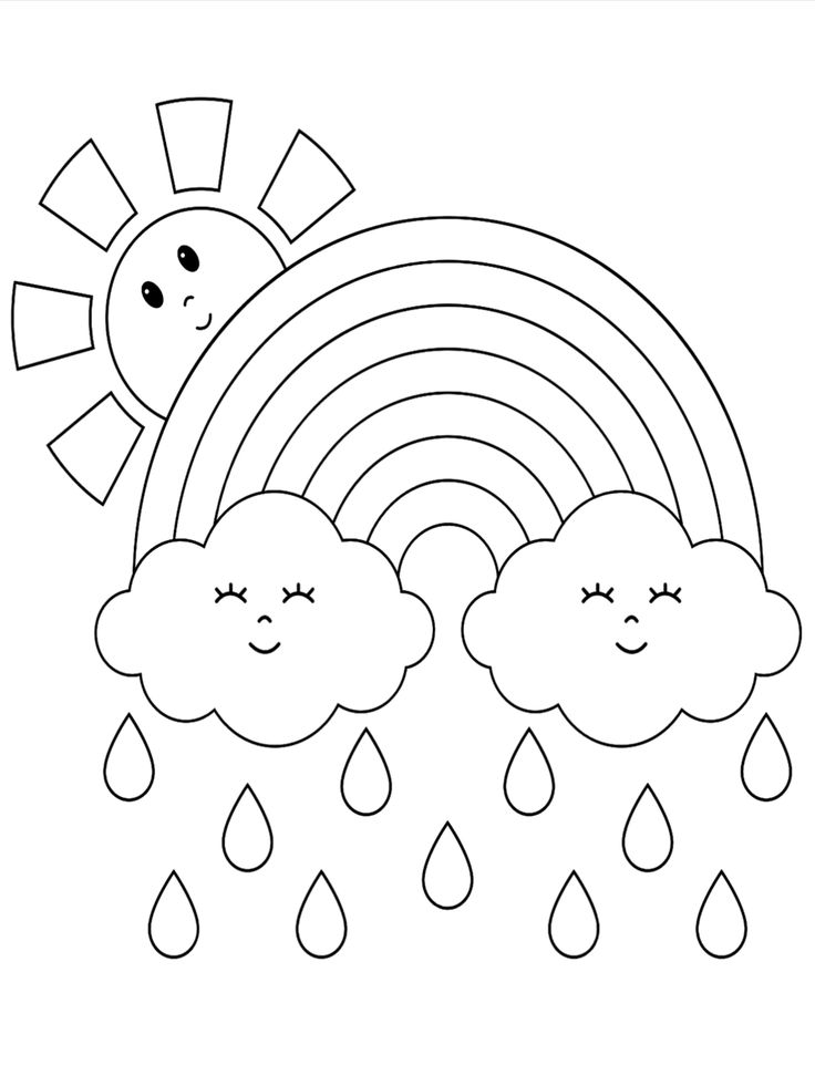 a black and white drawing of a rainbow with rain, clouds and sun in the background