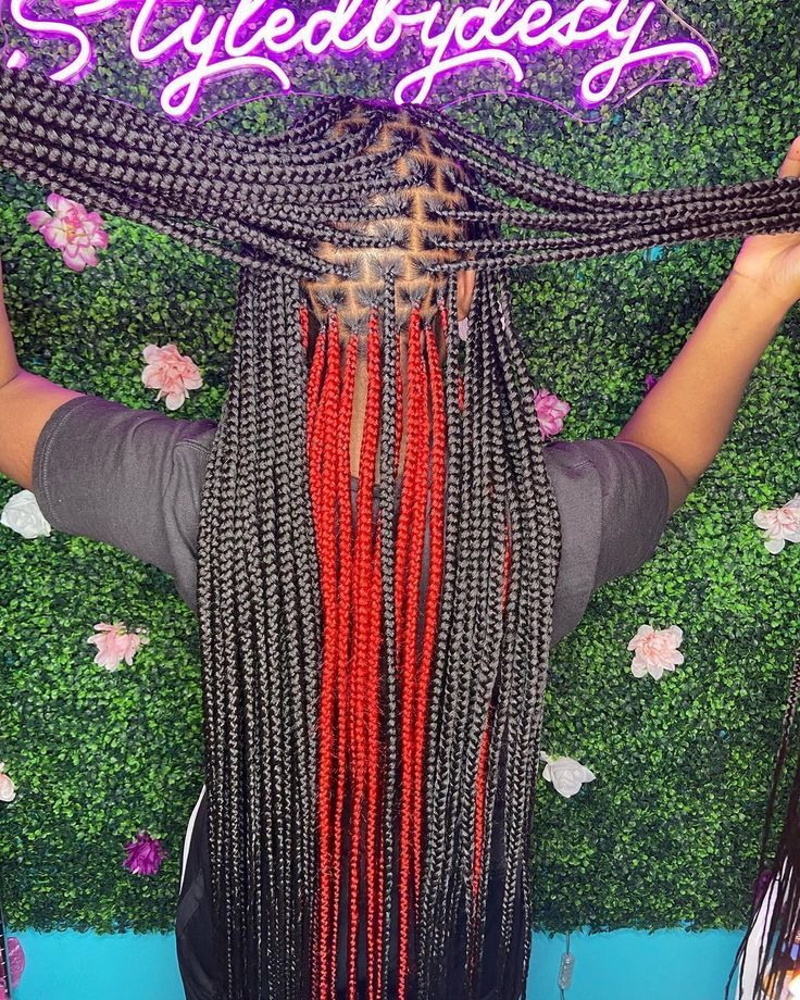 Red Peekaboo Braids, Black Hair Protective Styles, Red Peekaboo, Peekaboo Hair Colors, Peekaboo Color, Colored Box Braids, Cute Box Braids, Peekaboo Hair, Colored Braids