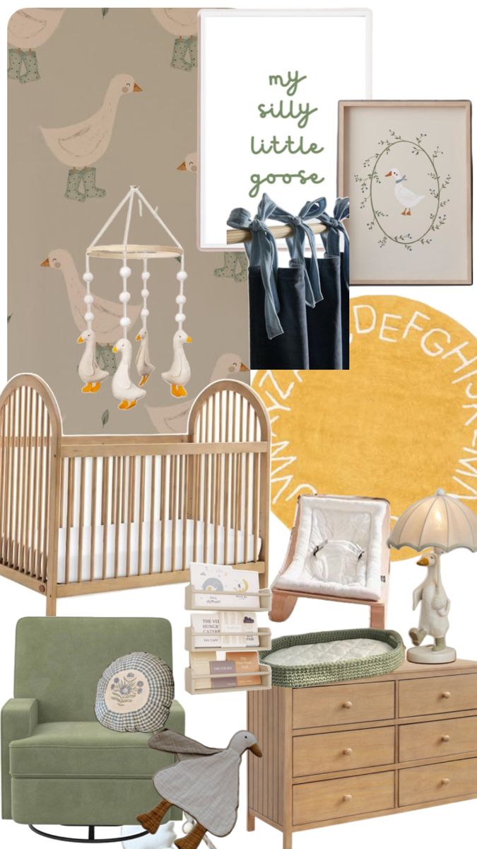 a baby's nursery room is shown in yellow, green and gray colors with white accents