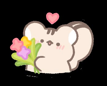 an elephant with flowers in it's trunk and hearts above its head on a white background