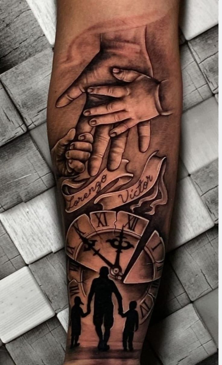 a man's arm with a clock and two hands holding the hand of another person