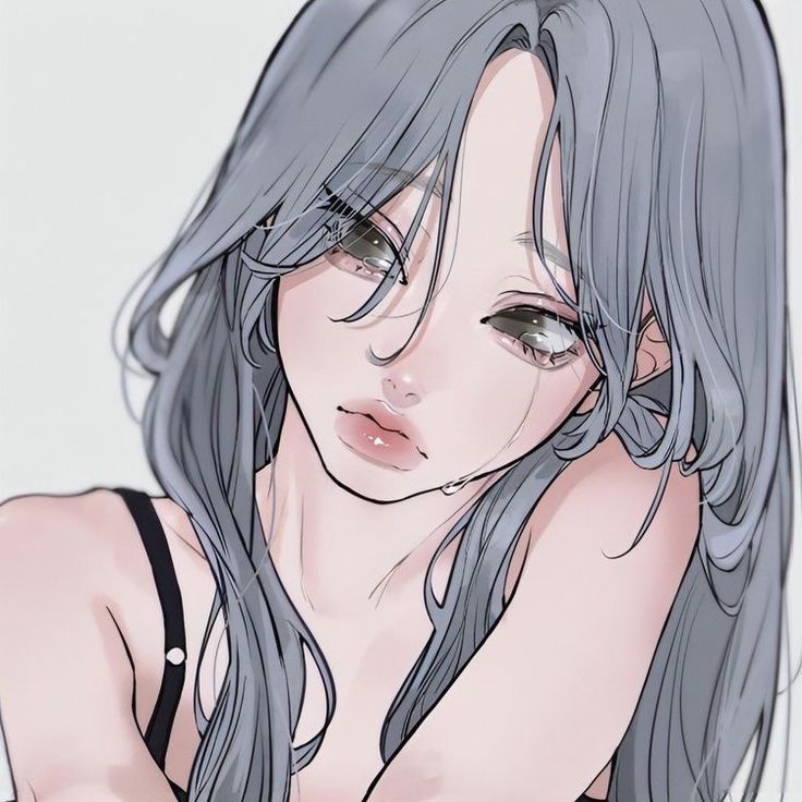 a drawing of a woman with grey hair and blue eyes, wearing black bra top