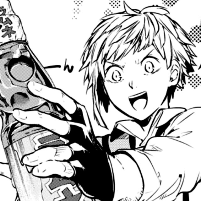 an anime character holding a bottle with his mouth open