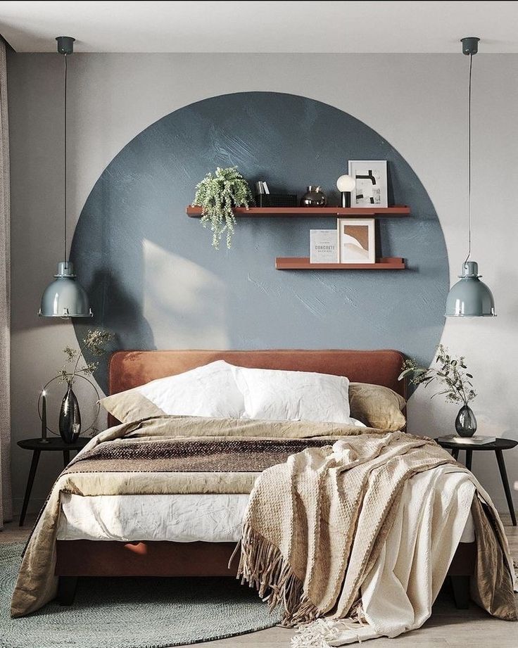 a bedroom with a bed, shelves and plants on the wall next to each other