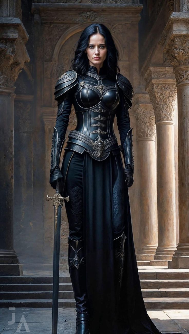 Winter Armor Female, Medieval Female Assassin, Fantasy Dress With Armor, Black Armor Dress, Dresses With Armor, Warrior Women Outfit, Dark Fantasy Costume, Women In Armor Art, Armor Outfits Female