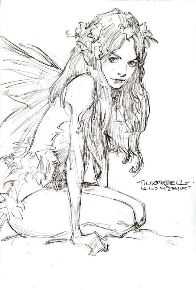 a pencil drawing of a fairy sitting on the ground