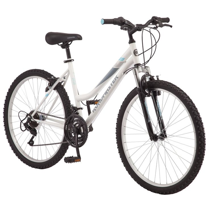 a white bicycle with black spokes on the front and rear wheel, sitting against a white background