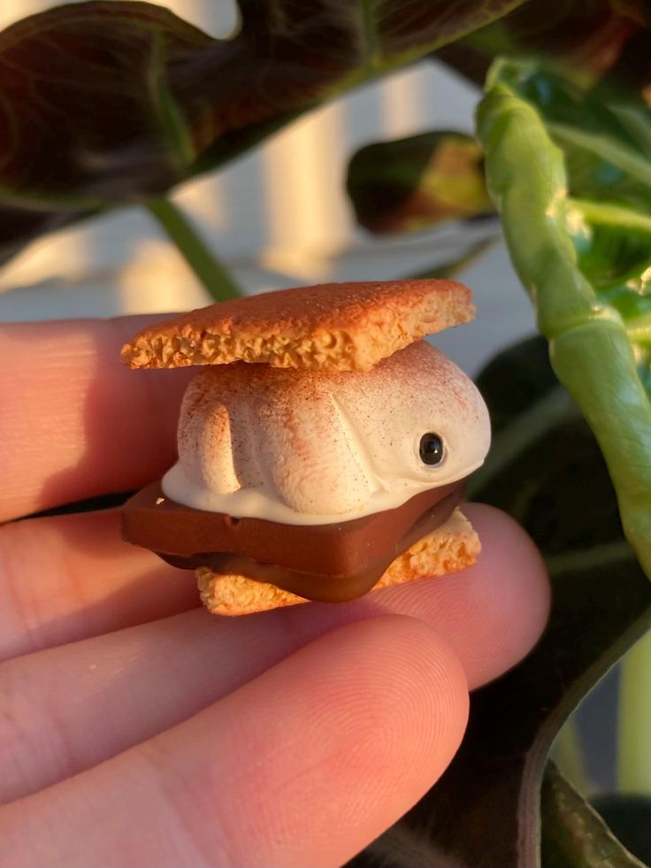 a hand holding a small piece of food in it's palm, with a plant behind it