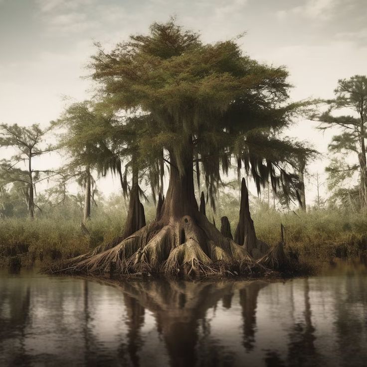 a large tree sitting in the middle of a body of water with trees growing out of it