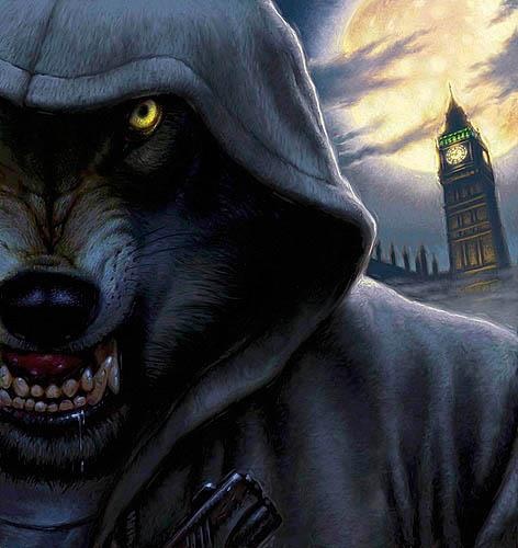 a wolf wearing a hooded jacket with yellow eyes