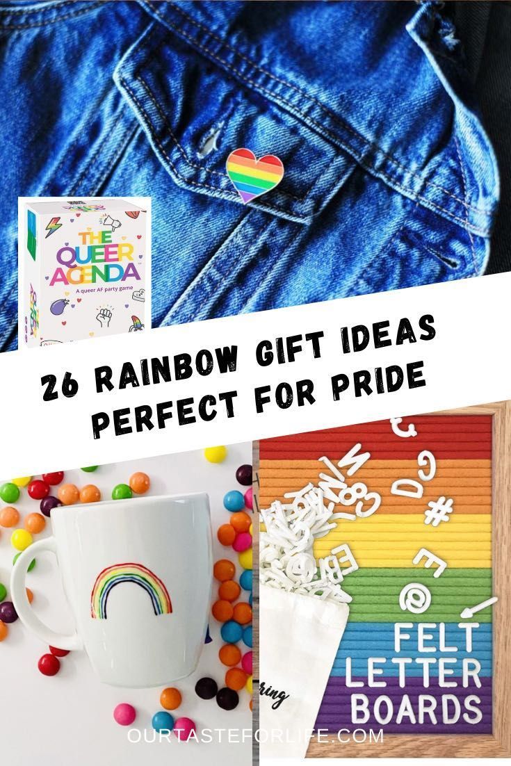 the rainbow gift ideas perfect for pride are on display in front of a pair of jeans