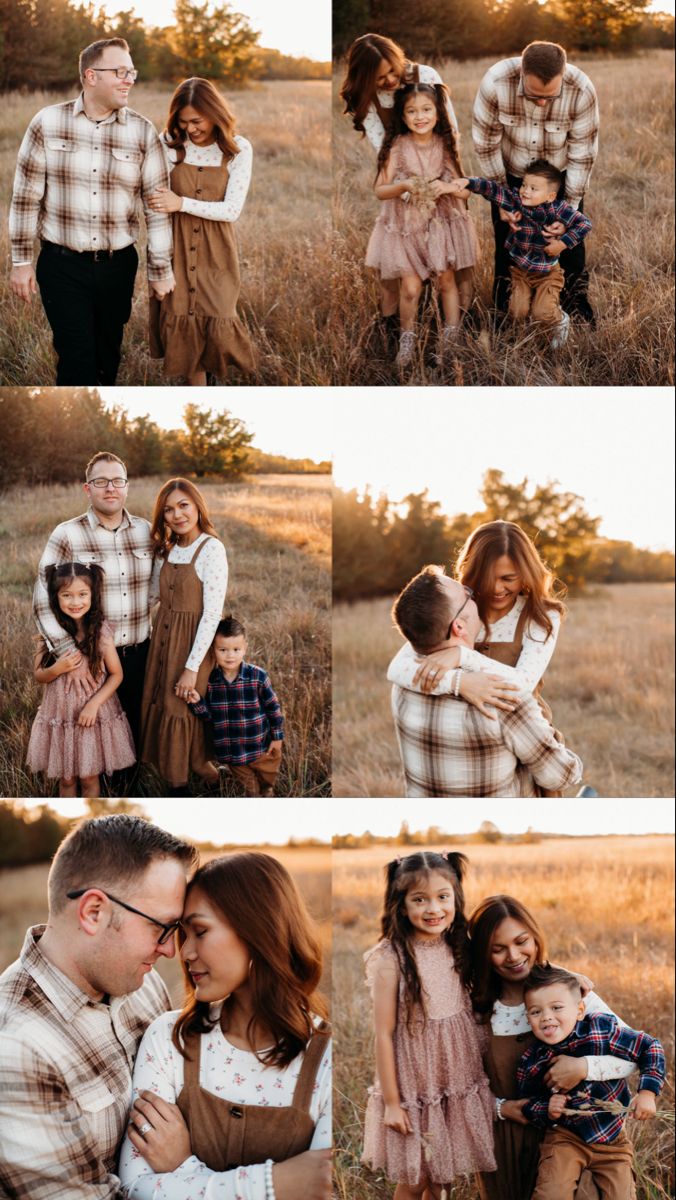 a collage of family photos taken in an open field