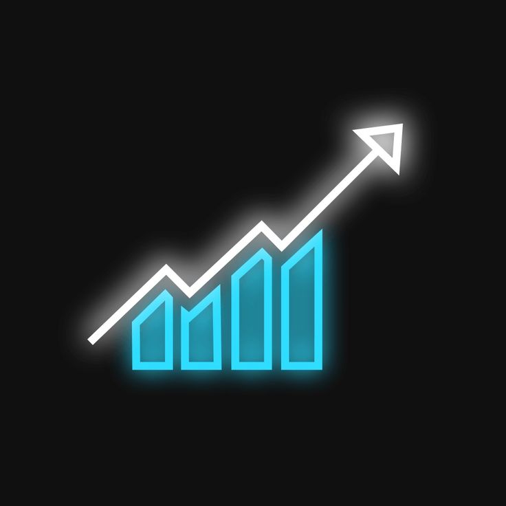 a neon blue arrow pointing up to an upward graph on a black background with white lines