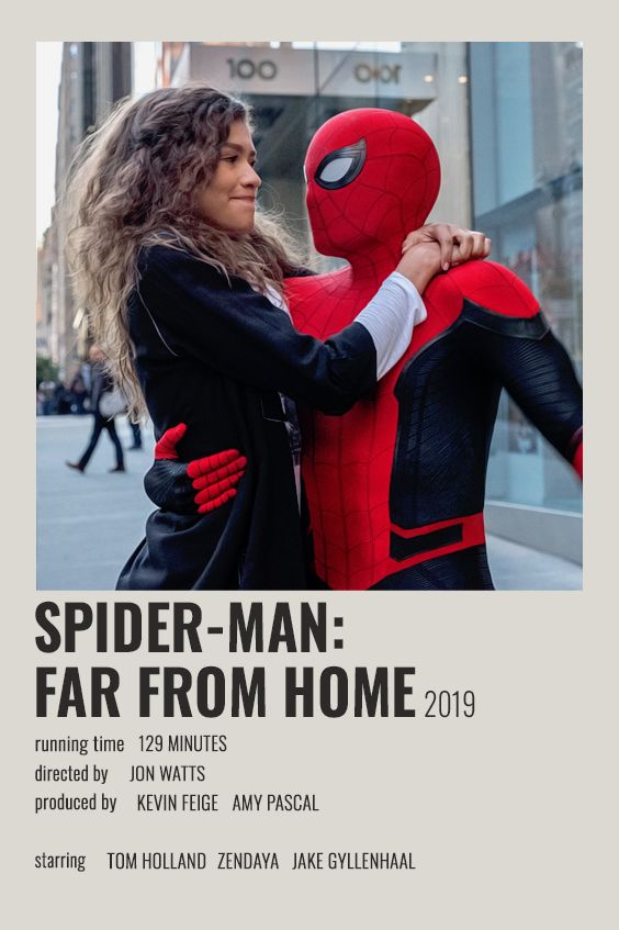 the poster for spider - man far from home is displayed in front of a building