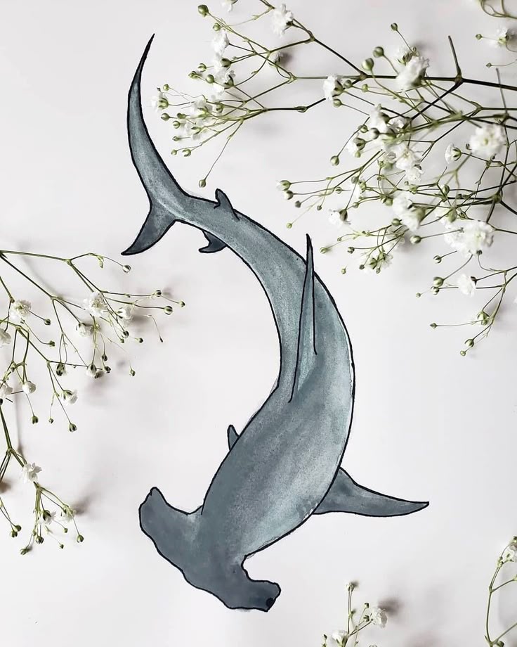 an image of two dolphins in the air with flowers around them on a white background