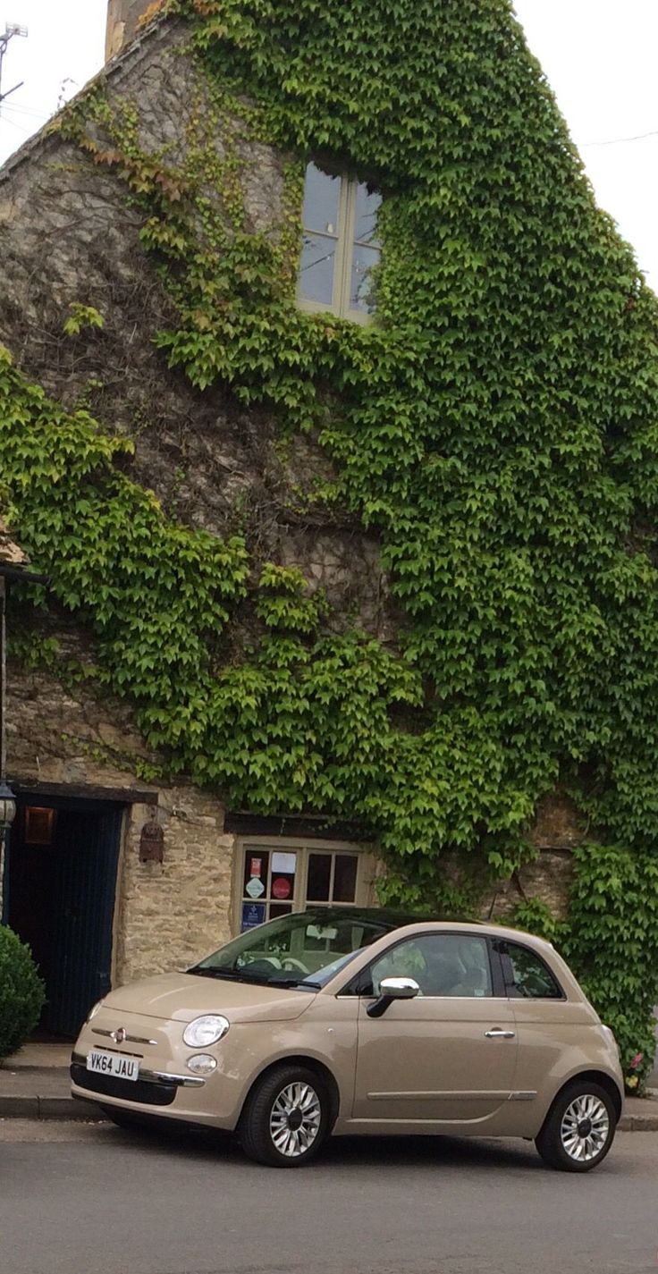 a car parked in front of a building covered in vines