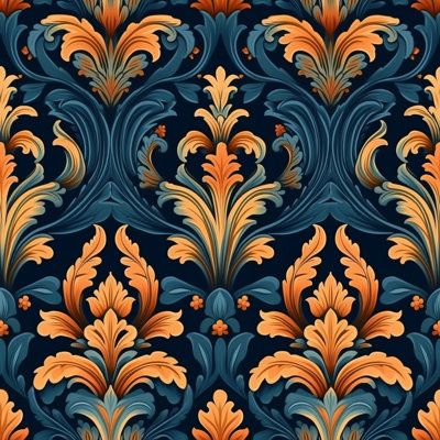 an ornate wallpaper pattern with orange and blue colors