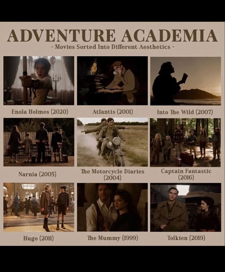 an advertisement for the movie adventure academy with pictures of people in different outfits and movies