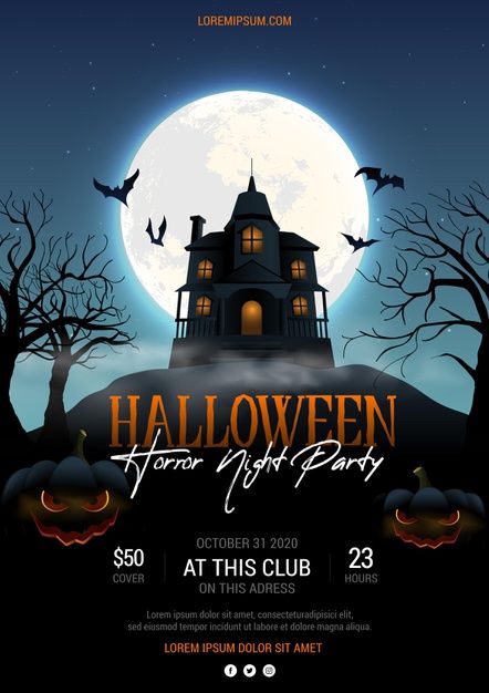 a halloween party flyer with a creepy house on the hill and bats flying over it