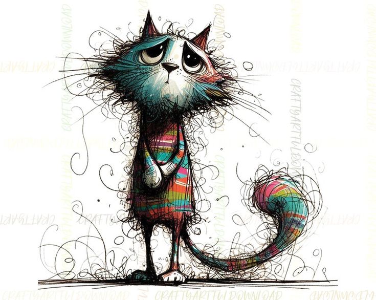 a drawing of a cat wearing a sweater and holding a yarn ball in its paws