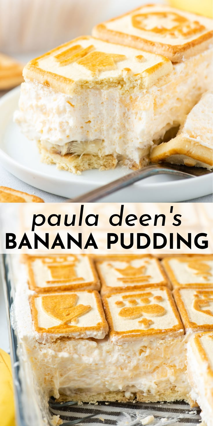 banana pudding on a white plate with the words, paula deen's banana pudding