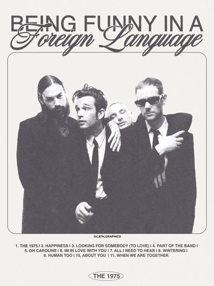 an advertisement for the song'being funny in a foreign language'with four men wearing suits and ties