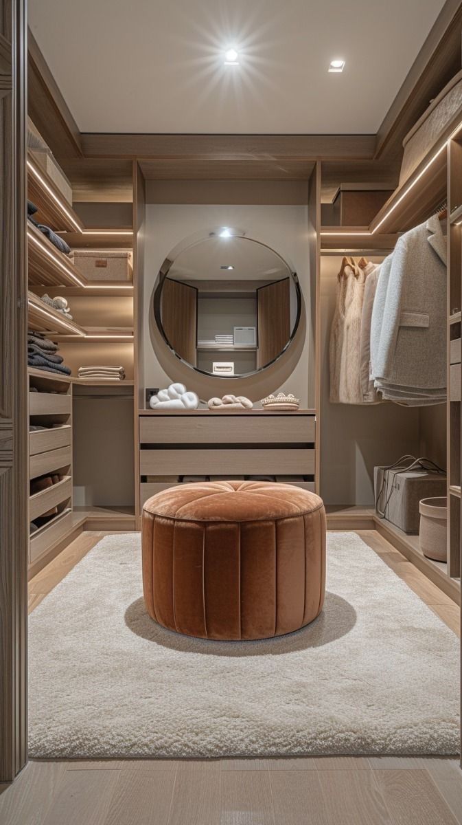 a walk in closet with a round ottoman