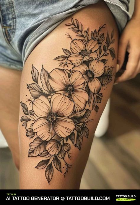 a woman's thigh with flowers and leaves tattoo on her leg, which is black and white