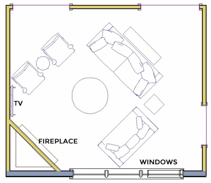 a floor plan for a living room with furniture and windows on the top, an office desk