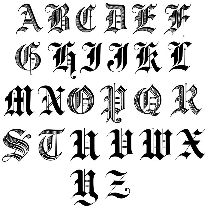 the upper and lower case of an old english alphabet, with letters in different styles