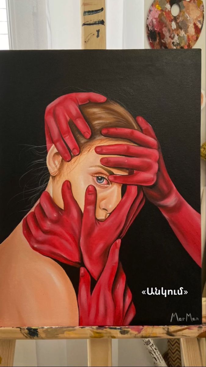 a painting of a woman covering her face with red gloves on it's hands